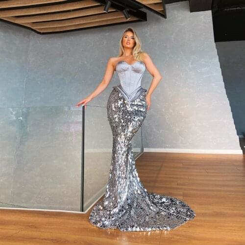 Glitter Sexy Elegant Mermaid Prom Dresses Long Sequins Sparkly Sweep Train Women Evening Party Night Gowns Plus Size Custom Made
