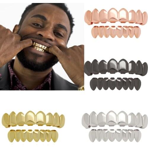 LuReen Gold Teeth Grillz Top Bottom Dental Tooth Grills Halloween Vampire Teeth Caps Cosply Body Jewelry Accessories For Rapper