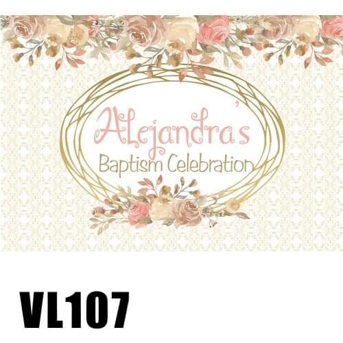 Custom Kids Baby Baptism Celebration Poster Floral Frame Backdrop Beige Damask Background Photo Portrait Dessert Table Wallpaper