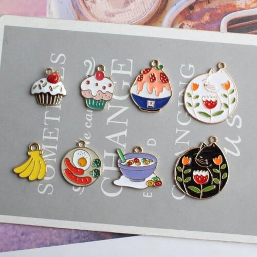 DIY Jewelry Findings Enamel Alloy Charms 50pcs Gold Tone Plated Dripping Oil Fruit Cup Cake Banana Coffee Bread Flower Pendants