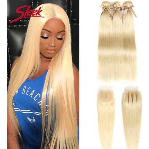 Sleek Honey Blonde Bundles With Closure Brazilian Remy Straight Human Hair 613 Bundles With Closure Free Shipping