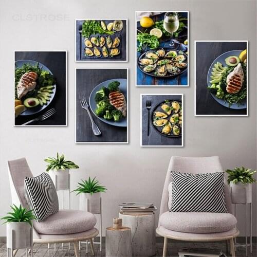 Vegetable Broccoli Meat Mussels Kitchen Canvas Painting Cuadros Scandinavian Posters Prints Wall Art Picture Living Room Decor