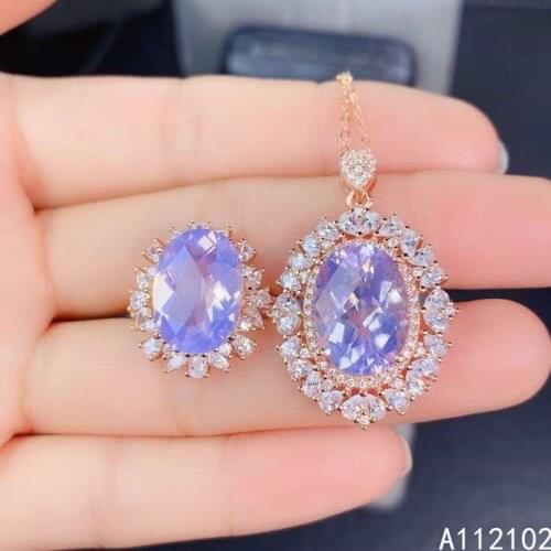 KJJEAXCMY fine jewelry 925 sterling silver inlaid natural natural Big Lavender Amethyst girl trendy pendant ring set support che