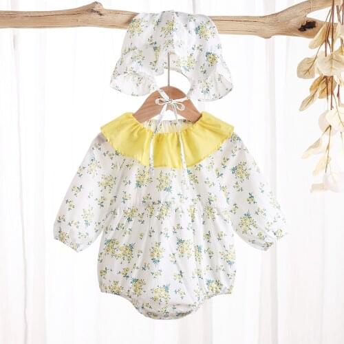 2Pcs Baby Girl’s Clothes Flower Printed Bodysuits Set Long Sleeve Ruffled Collar Triangle Jumpsuits with Baby Hat