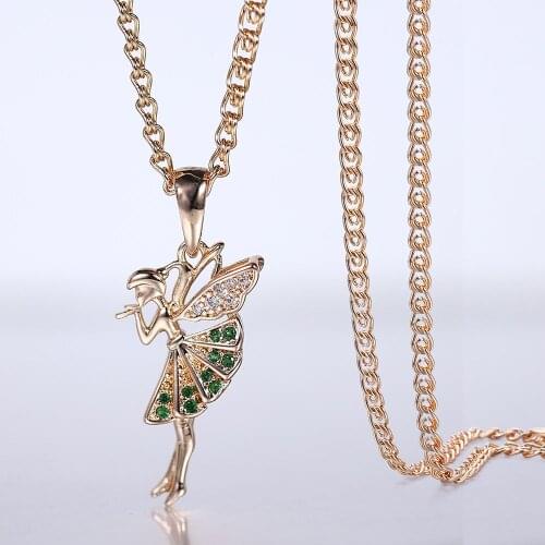 Pendant Necklace For Women 585 Rose Gold Cute Angel Girl Pendant Paved Clear Green Cubic Zircon Party Female Jewelry HGP417