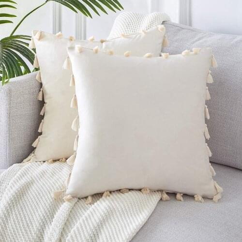 Pack of 2 Velvet Soft Solid Christmas Decorative Throw Pillow Cover with Tassels Fringe Boho Accent Cushion Case for Couch Sofa