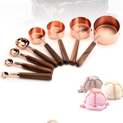 4 Pieces/set Stainless Steel Measuring Cup Measuring Spoon Set Walnut Handle Rose Gold Baking Utensils Kitchen Teaspoon New