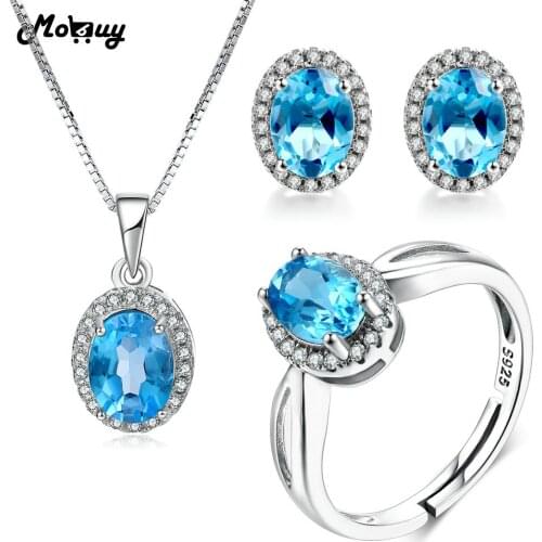 MoBuy 5pcs Natural Gemstone Blue Classic Topaz 4pcs Jewelry Sets 100% 925 Sterling Silver For Women Party Fine Jewelry V039ENR