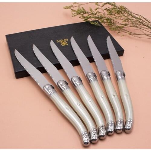 Laguiole Steak Knife 9in 23.5cm Dinner Knifes Household Cutlery Flatware set Pear White Plastic Handle Table Knives