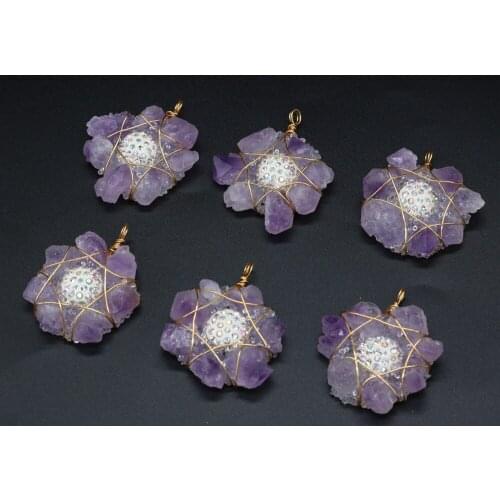 Natual Amethysts Pendant Wrapped Stone Beads Flower Shape Pendant for Making Women DIY Jewelry Necklace Gift Size 40x50mm