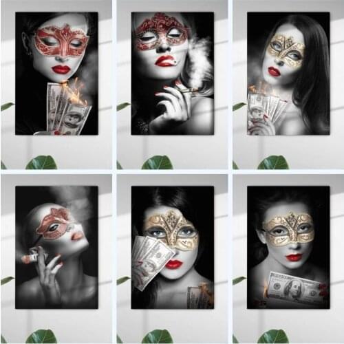 Sexy Smoking Girl with Money Abstract Canvas Painting Posters and Prints Wall Art Modern Pictures Living Room Home Decor Cuadros