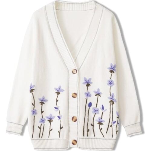Luxury Autumn Daffodils Embroidery Cardigan Women Loose Sweater Jumpers Minimalist Winter V-neck White Cardigan Knit Overcoat