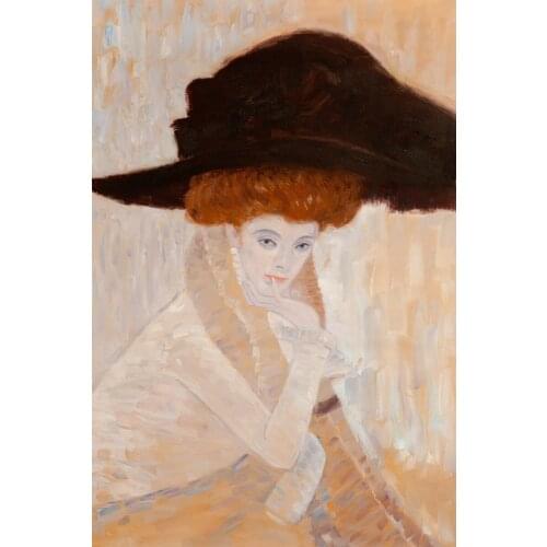 Handpainted Oil Painting, Black Feather Hat by Gustav Klimt, Classical Woman Portrait Paintings, Home Wall Decoration Pictures