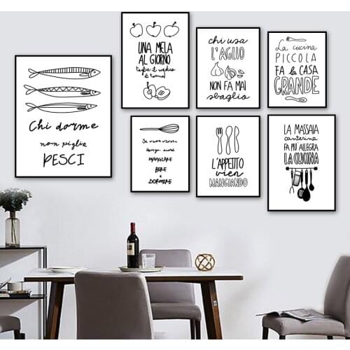 Fish Apple Spoon Knife Fork Black and White Wall Art Canvas Painting Nordic Posters and Prints Pictures for Kitchen Room Decor