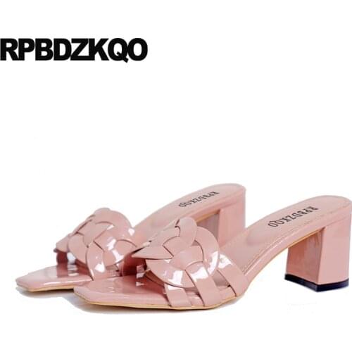 Genuine leather pink patent pumps chunky thick casual women sandals 2019 summer open toe designer slides slip on shoes ladies