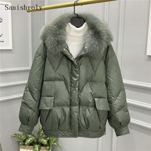 Sanishroly Women Big Fur Collar Coat Warm Thicken White Duck Down Jacket Parka Ladies Short Winter Oversize Outerwear Tops S1072