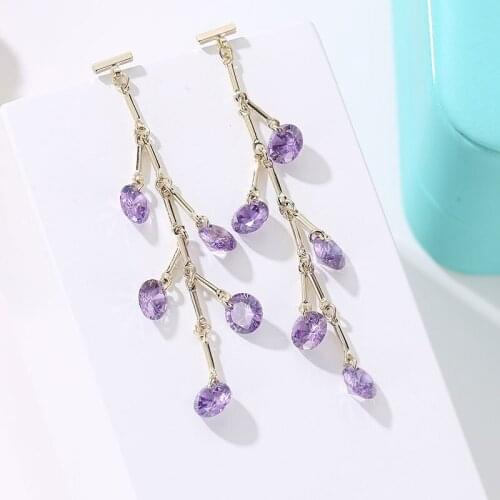 HUAMI Long Dangle Drop Earrings for Women Pink Crystal Purple Sweet Sister Jewelry Fashion Tassel Bouclee Oreille Femme 2021