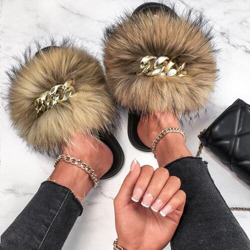 Real Fox Fur Slides Golden Chain Raccoon Fur Slippers Women Fluffy Flip Flops Beach Plush Slippers Sandals Female Summer Shoes