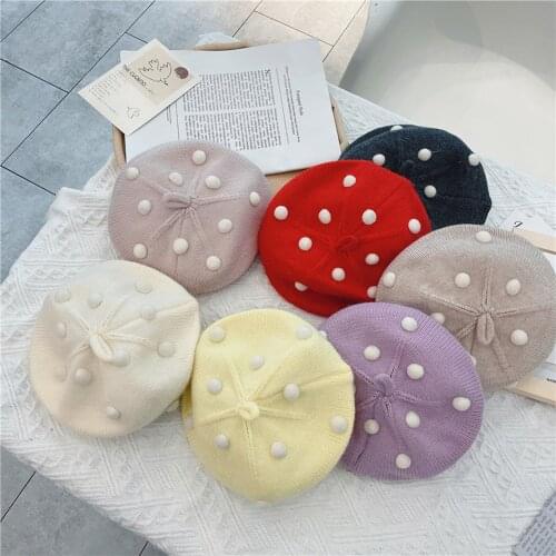 Toddler Baby Girl Knitted Beret Hat Classic Lovely French Style Artist Beanie Cap with Dots Pattern Winter Ribbon Warm Caps