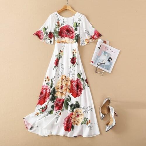 European and American womens clothing spring 2021 new Five point flared sleeve peony flower print Fashion White Dress