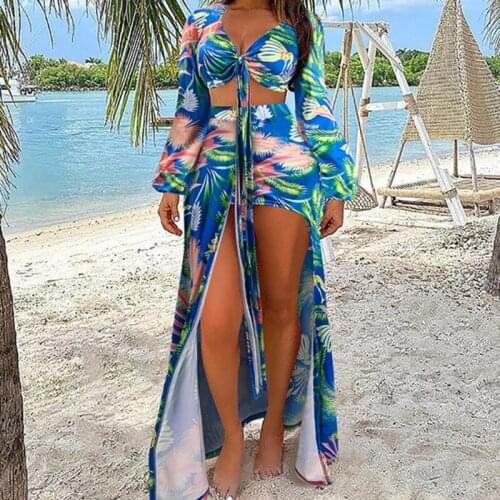 Women Leaves Print 2pcs Bikini Swimsuit Set Puff Long Sleeve Crop Top Maxi Skirt