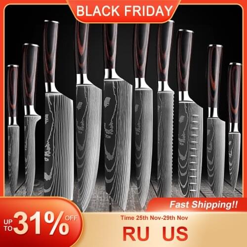 1-10PCS Kitchen Knife Set Japanese Chef Knives Stainless Steel Cleaver Butcher Santoku Knife Tool Laser Damascus Pattern