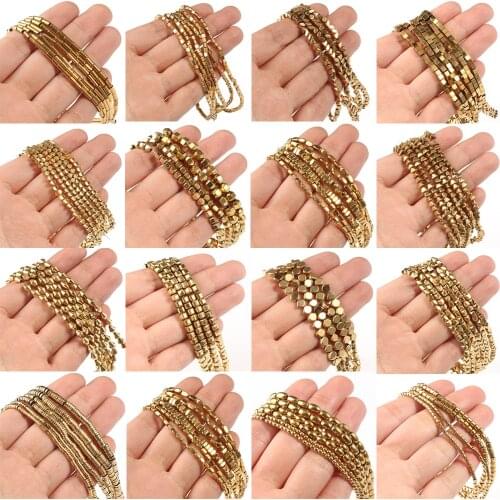AAA+ Color Retention Gold-Plated Hematite Beads Natural Stone Round Cube Spacer Loose Beads for jewelry Making DIY Bracelet 15