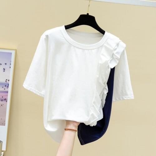 White T-shirt for Women Summer New Contrast Color Ruffles Stitching Cotton Short Sleeve T-shirt Female Loose Leisure Tshirt Tops