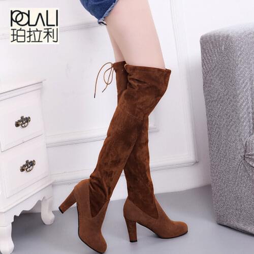 Plus Size Fashion Female Winter Thigh High Boots Faux Suede Leather Solid High Heels Women Over The Knee Shoes Drop shipping