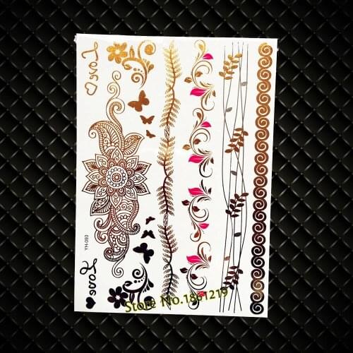 Big Size 21x15CM Henna Flower Metallic Water Transfer Tattoo, Sexy WOmen Makeup Party Gold Flash Tattoos, Leaf Bracelet Jewelry