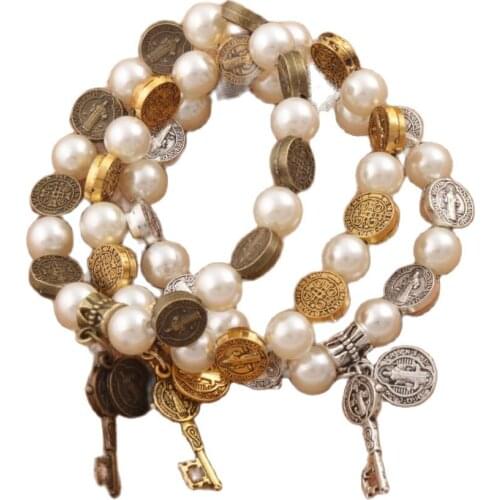 Saint Benedict Pearl Beaded Bracelet Zinc Alloy Bronze Religious Patron Stretch Bracelets BB78