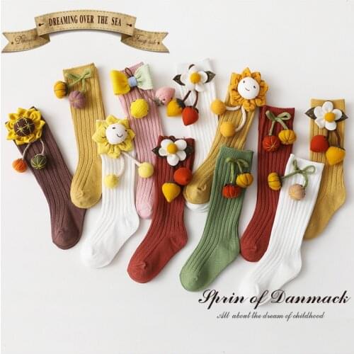 Sunflower Style Baby Stockings Cotton Bow Pompoms 3D Socks for Girls Infant Baby Toddler Kids Children Knee Socks Baby Clothing