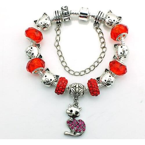 JINGLANG European Style Silver Plated Charm Bracelets For Women Red Rhinestone With Murano Crystal Grass Beads DIY Jewelry