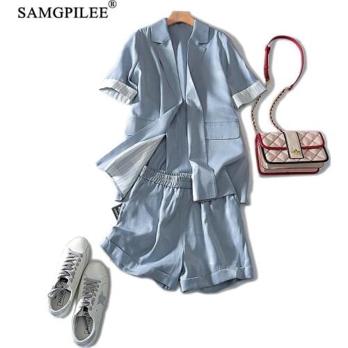 Summer Two Piece Sets Short Sleeve Office Lady Sets For Women Single Button Turn-down Collar Elastic Waist Two Piece Outfits 4XL