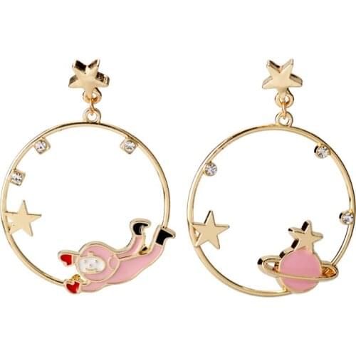 Creative Asymmetry Earring Geometric Shapes Astronaut Planet Theme Earrings Cartoon Figure Design No Ear Clips For Female