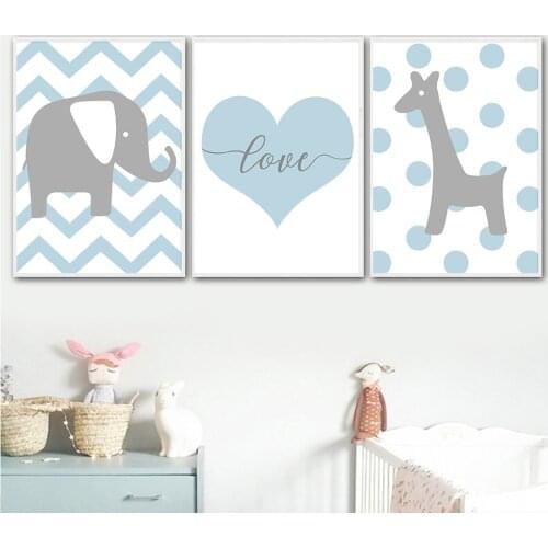 Boy Love Blue Elephant Giraffe Canvas Painting Nursery Wall Art Prints Poster Pictures for Kids Bedroom Home Decoration No Frame
