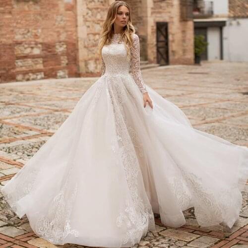 Muslim Wedding Dresses A-line Long Sleeves Tulle Appliques Lace Boho Dubai Arabic Wedding Gown Bridal Dress Vestido De Noiva