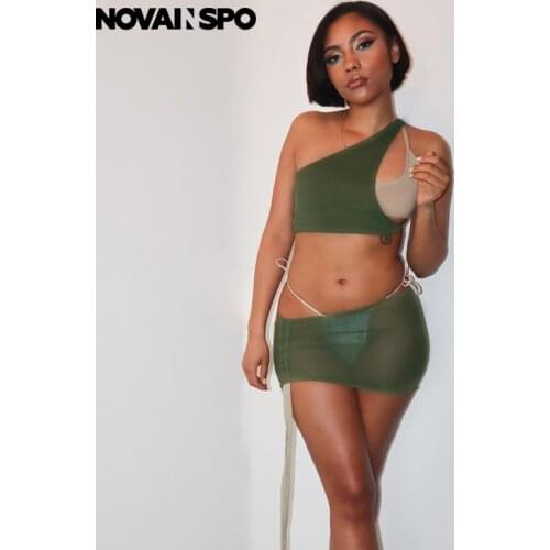 NOVAINSPO Drawstring One Shoulder Mesh Matching Sets Women Sleeveless Crop Top And Skirt Green Two Piece Outfits Sexy Baddie Hot