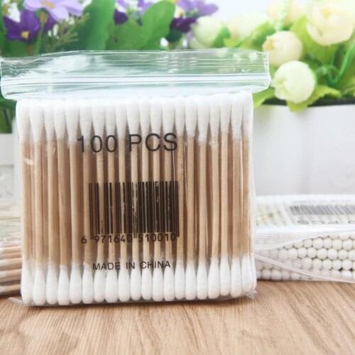 100Pcs Disposable Double Sided Wood Stick Cotton Swab Makeup Cleaning Applicator