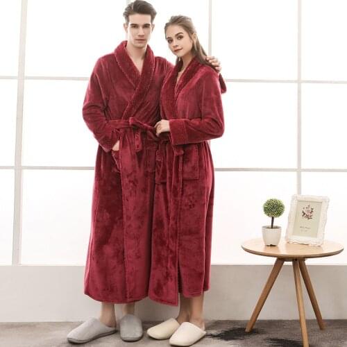 2018 autumn and winter flannel stitching nightgown long section men and women couple pajamas new bathroom bathrobe