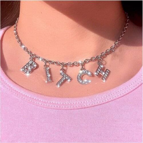 Letter Initial Pendant Necklace Silver Color Words Choker Iced Out Cubic Zircon Gothic Female Fashion Statement Jewelry Personal
