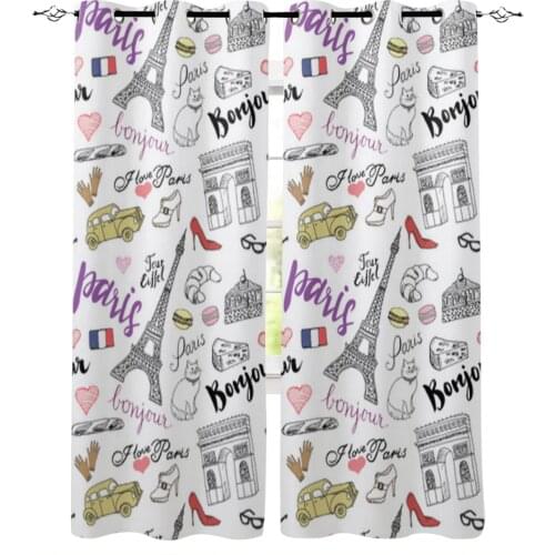 Paris Doodle Eiffel Tower Hand Drawn Window Curtains for Living Room Luxury Kitchen Bedroom Drapes Home Decor Backdrop Curtain