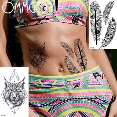 Feather Lion Geometric Triangle Temporar Tattoos For Men Women Body Art Neck Tatoo Paper Paste Waterproof Fake Tattoo Sticker
