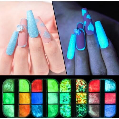 6 Grids Luminous Nail Powder Glow In Dark Neon Pigment Fluorescent Nail Glitter Reflective Spray Dust Design Decor For Manicure
