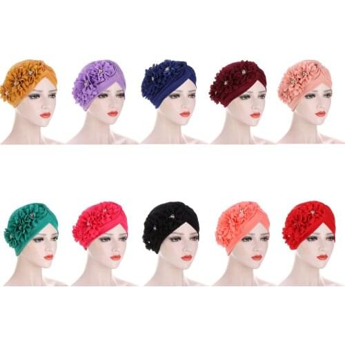 Women India Hat Women Muslim Islamic Elastic Pleated Turban Head Scarf Flower Beanie Hat Hair Loss Headwear Fashion Chemo Caps