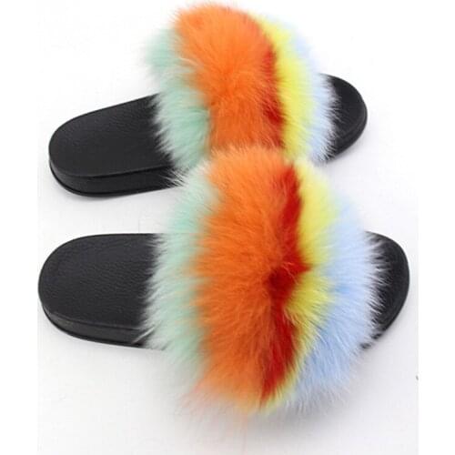 New summer Ladies Home Imitation Fur Slippers Fashion Natural Fluffy Plush Slides Womens shoes Faux Furry Flat Flip Flops