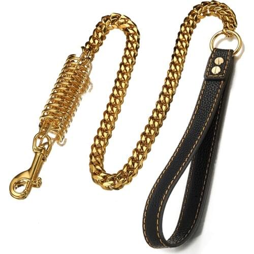 Granny Chic 9inch Black Leather Cord Gold Color 15mm 316L Stainless Steel Dog Leash Training Walking Pet Dog