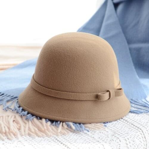 In the spring and autumn winter wool bucket hat with bow dome for women basin of Europe and the United States