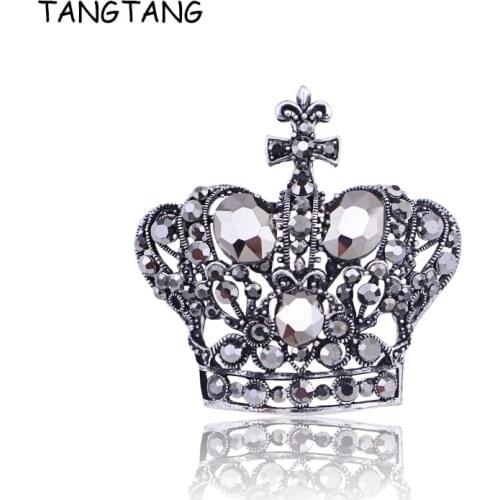 TANGTANG Crown Brooch Large Black Rhinestone Crystal Brooches For Women Antique Color Jewelry Pins 55MM Classic Generous Pins