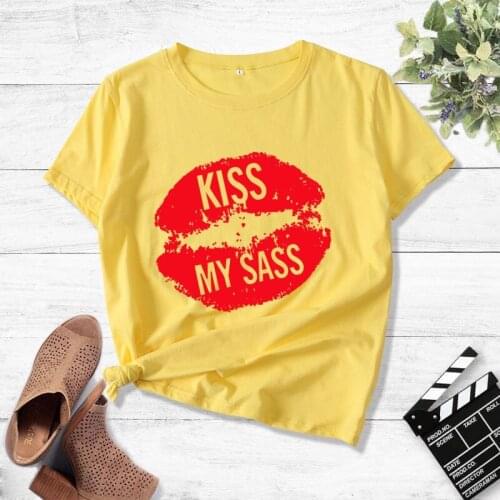 T-shirts Women Cotton Short Sleeve T-shirt Top Red Lips Printing Casual T Shirt Summer Tops Plus Size